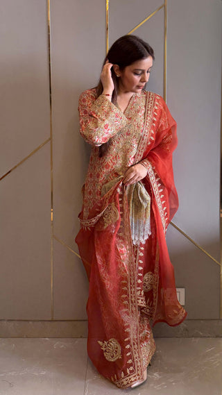 Orange and Ivory Patola Embroidered Coord with Optional Dupatta