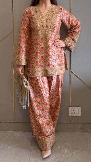 Orange and Ivory Patola Embroidered Coord with Optional Dupatta