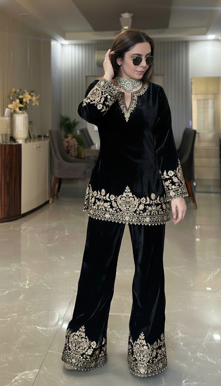 Black Mahanoor Velvet Hand Embroidered Co-ord