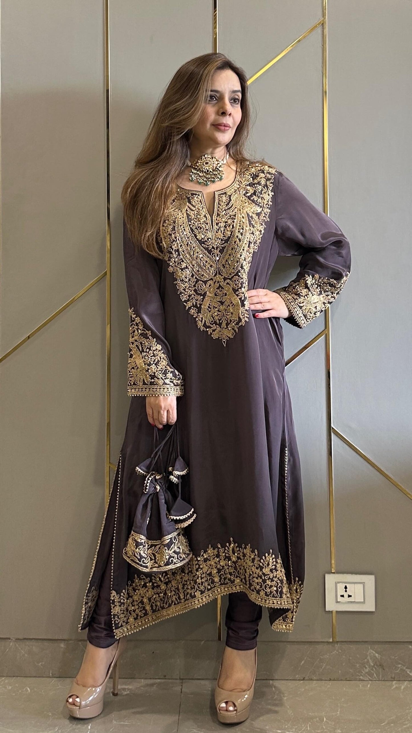 Baroque Grey Crepe Phiran Kurta with Churidar