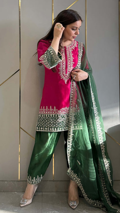 Magenta Chanderi Straight Phiran Kurta with Farshi Salwar