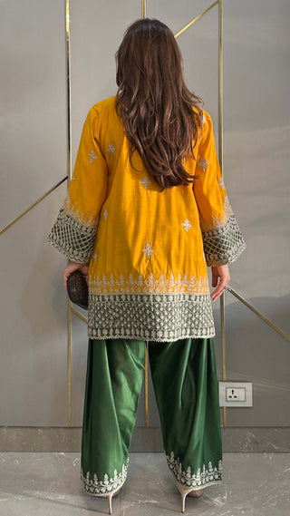 Mustard Chanderi Short Phiran Kurta with Farshi Salwar - Express Delivery