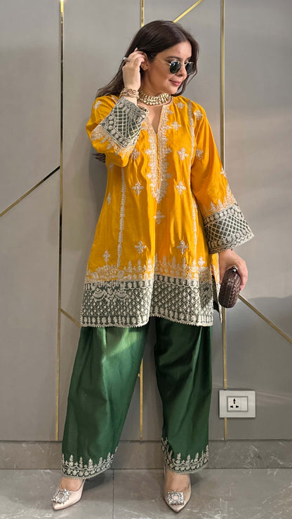 Mustard Chanderi Short Phiran Kurta with Farshi Salwar