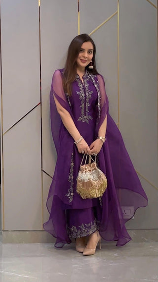 Purple Hand Embroidered Cape Suit