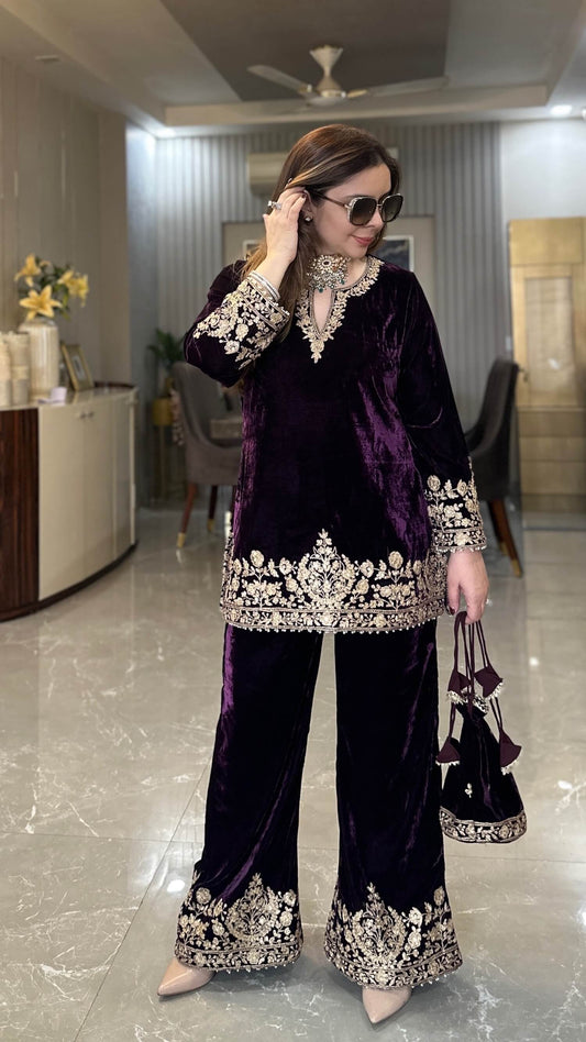 Deep Purple Mahanoor Velvet Hand Embroidered Co-ord