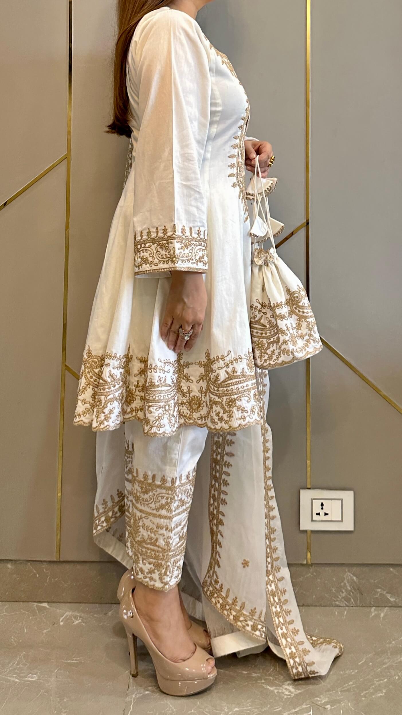 White Embroidered Anarkali with Pants and Matching Potli