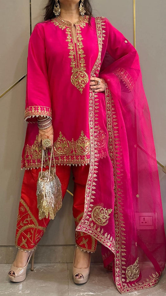 Hot Pink Hand and Dori Embroidered Short Phiran Suit