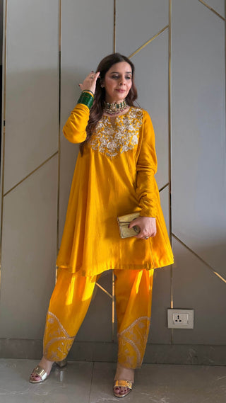 Mustard Bahaar Chanderi Kurta with Embroidered Salwar