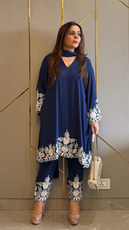 Navy Embroidered Gara Co-ord Set with Optional Dupatta