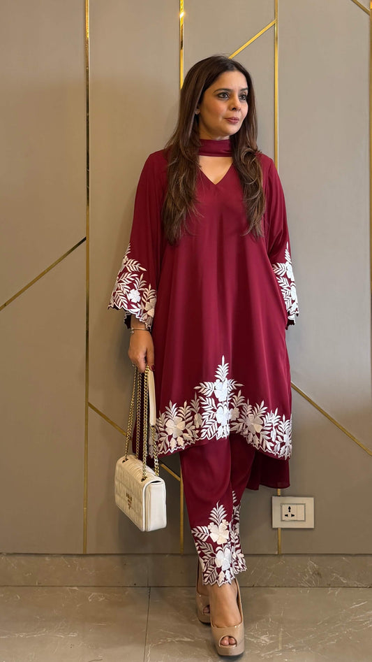 Red Embroidered Gara Co-ord Set with Optional Dupatta