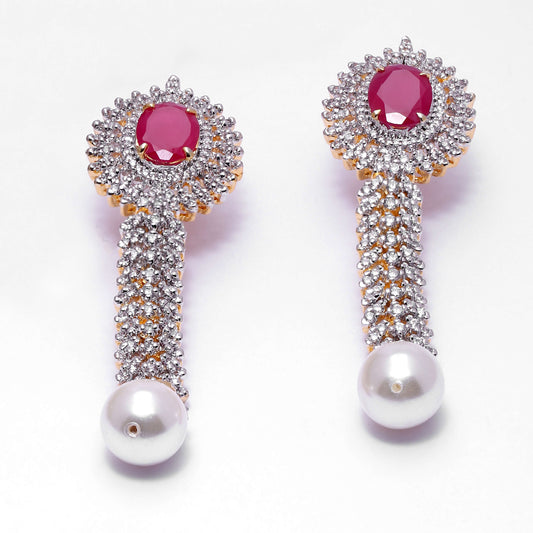 Pearl and Zircon Long Drop Earrings