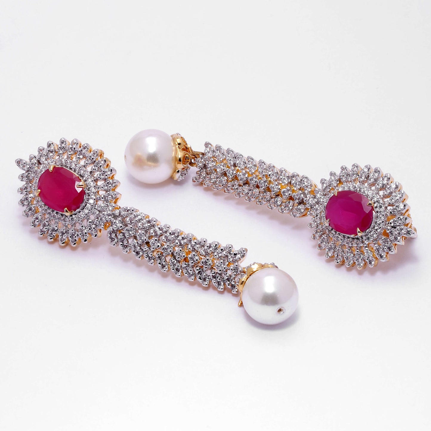 Pearl and Zircon Long Drop Earrings