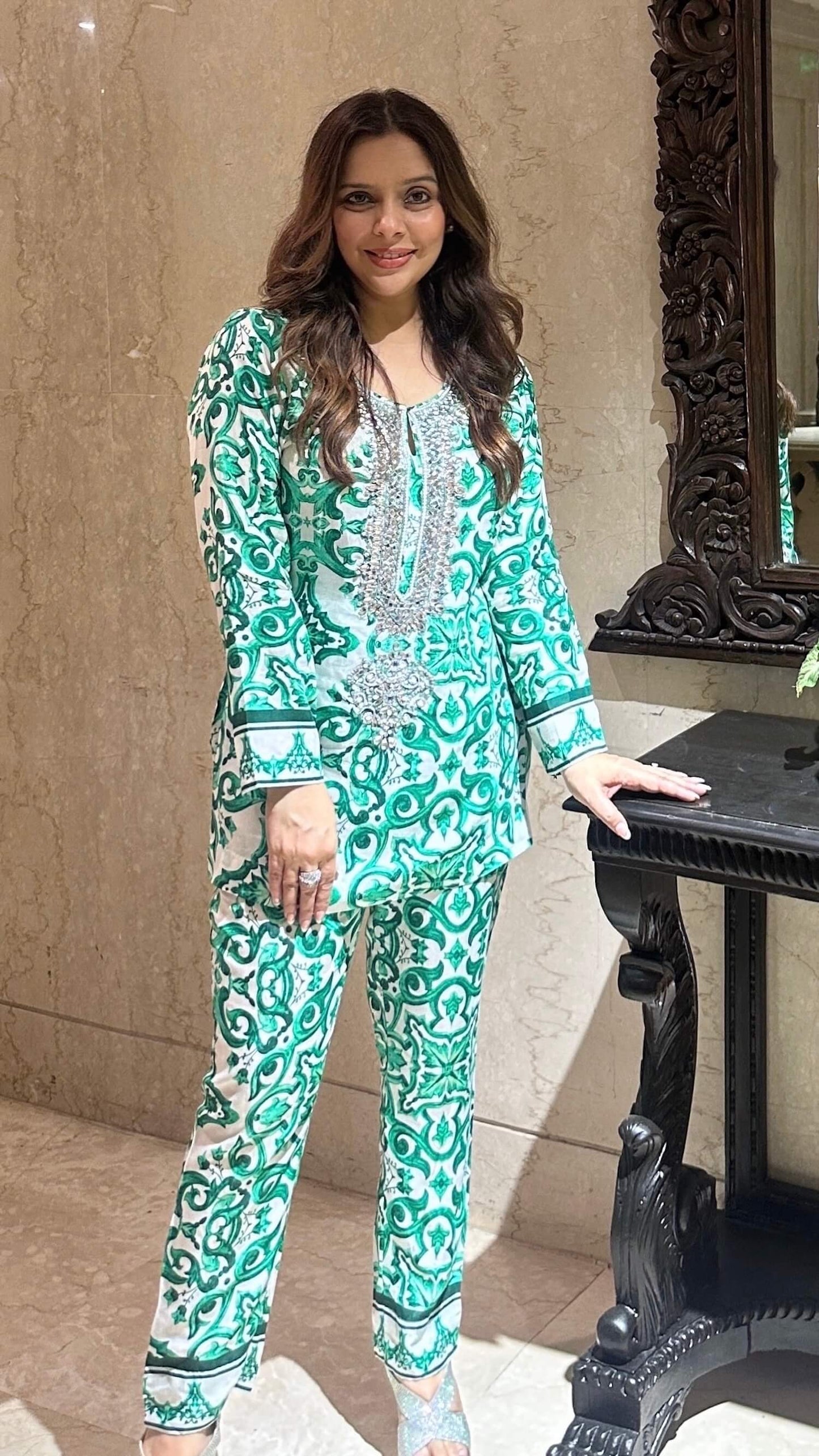 Green Capri Hand Embroidered Crystal Co-ord