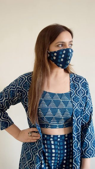 Indigo printed suit with cape and face mask
