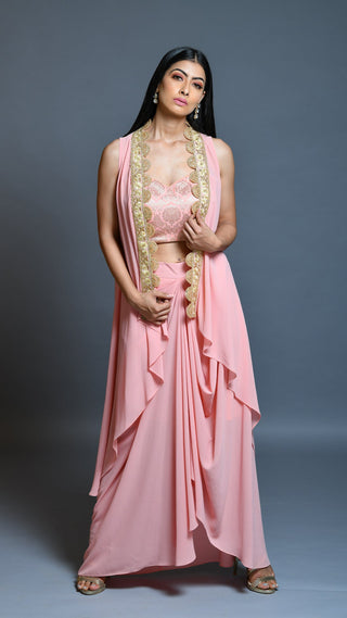 Salmon Pink Drape Skirt And Cape Set