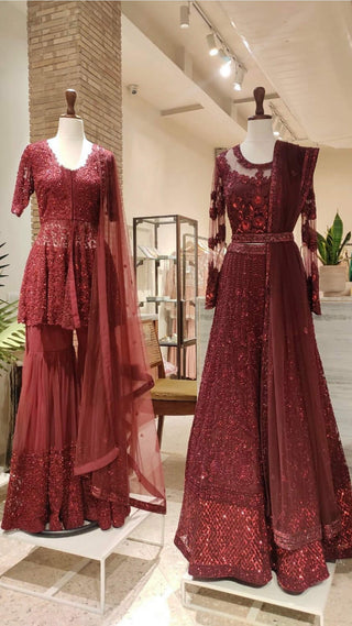 Reddish Maroon Peplum Gharara Set