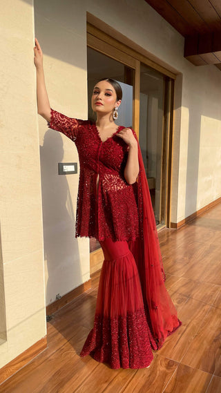 Reddish Maroon Peplum Gharara Set