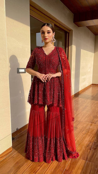 Reddish Maroon Peplum Gharara Set