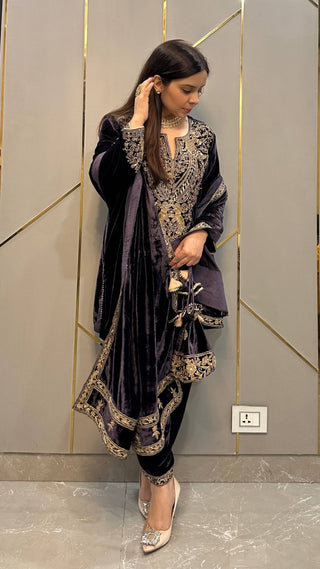 Steel Grey Hand Embroidered Velvet Short Phiran with Salwar and Potli
