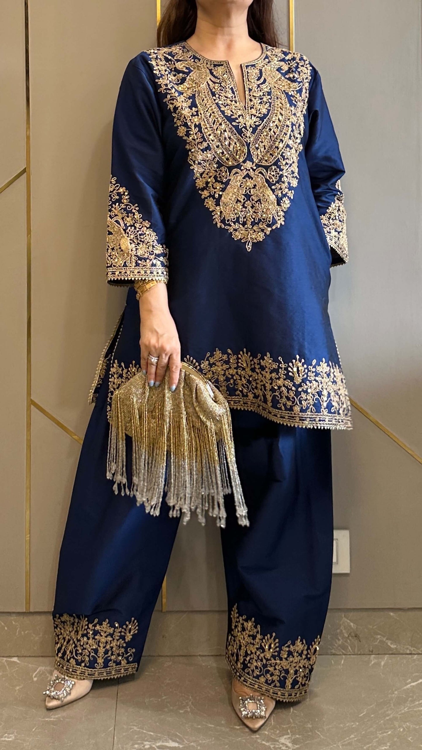 Navy Baroque Silk Short Phiran with Farshi Salwar