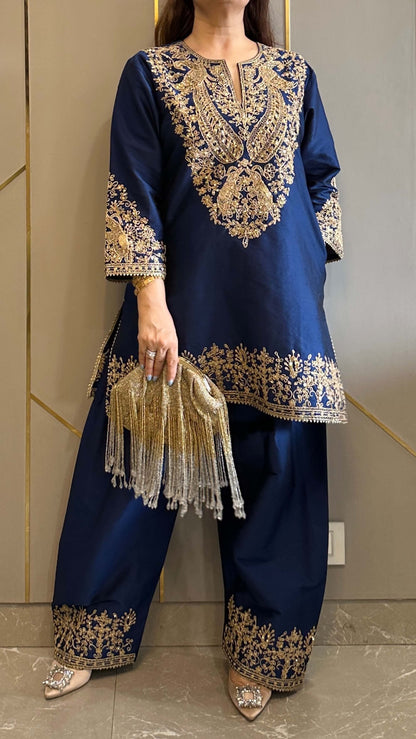 Navy Baroque Silk Short Phiran with Farshi Salwar