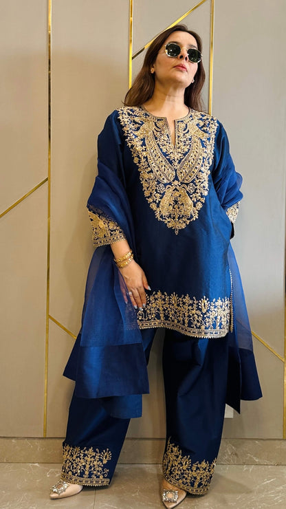 Navy Baroque Silk Short Phiran with Farshi Salwar