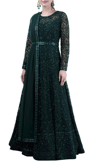 Bottle Green Hand Aari Work Embroidered Gown