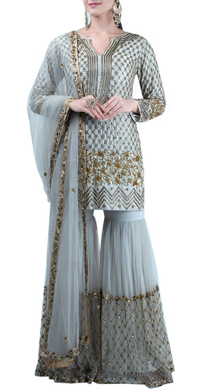 Powder grey embroidered suit and sharara set