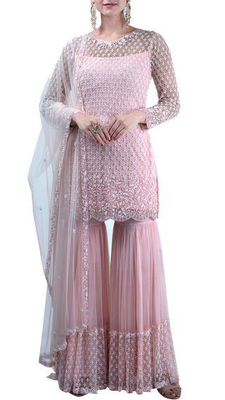Pastel pink embroidered suit and sharara set