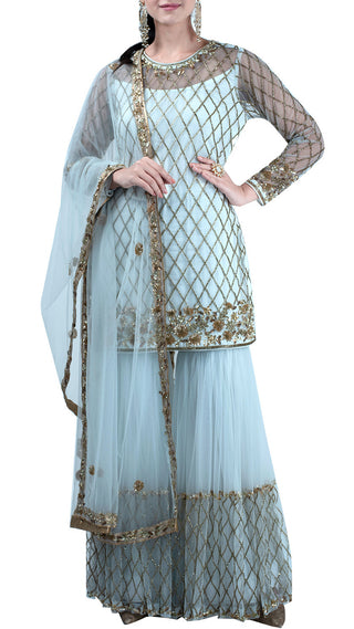 Powder blue embroidered gharara suit