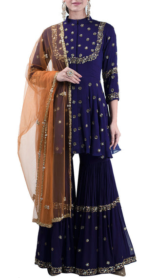 Purple hand embroidered gharara suit