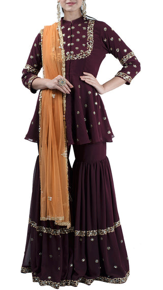Maroon hand embroidered suit and sharara set