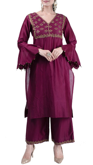 Wine embroidered kurta with pants