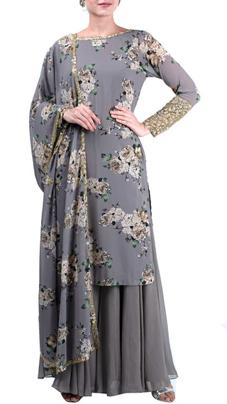 Ash grey embroidered suit and sharara set