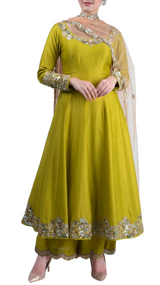 Ochre yellow hand embroidered anarkali suit
