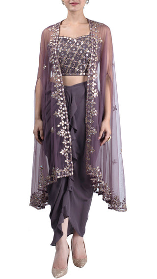Mauve embroidered cape set