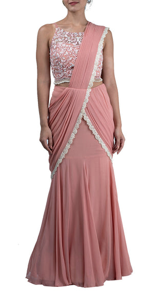Salmon pink draped saree with blouse