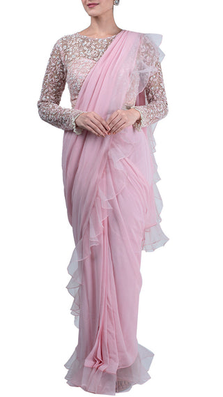 Pastel pink draped saree with blouse