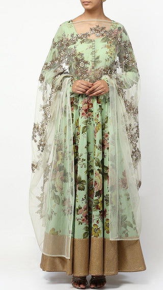 Green Floral Print Anarkali Set