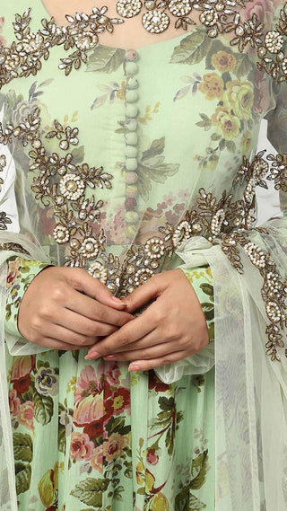 Green Floral Print Anarkali Set