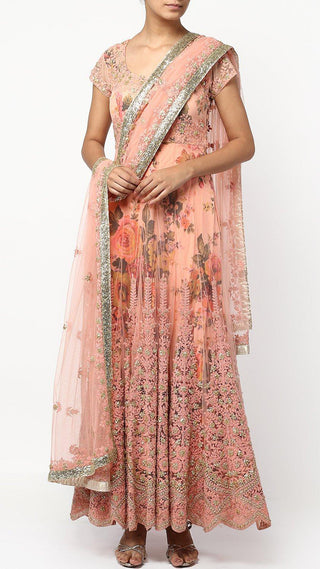 Peach Floral Print Layered Anarkali Set