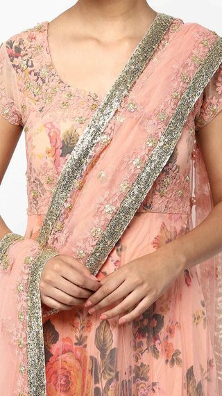 Peach Floral Print Layered Anarkali Set