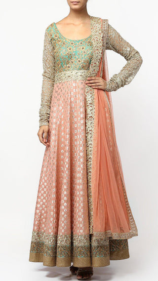 Peach Aari Work Brocade Anarkali Set