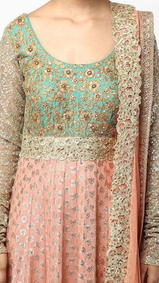 Peach Aari Work Brocade Anarkali Set