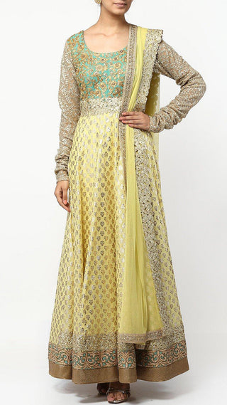 Lime Aari Work Brocade Anarkali Set