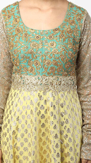 Lime Aari Work Brocade Anarkali Set