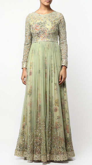 Green Floral Print Layered Anarkali Kurta