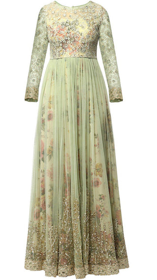 Green Floral Print Layered Anarkali Kurta