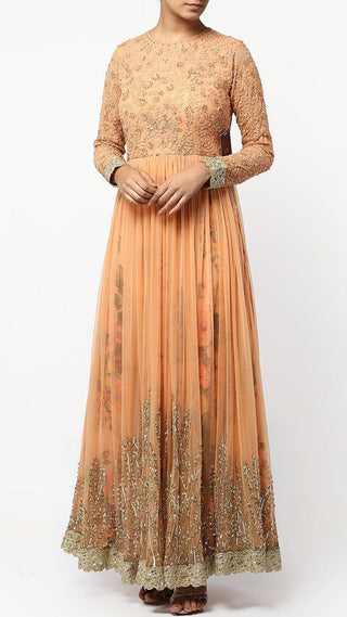 Light Coral Floral Print Layered Anarkali Set