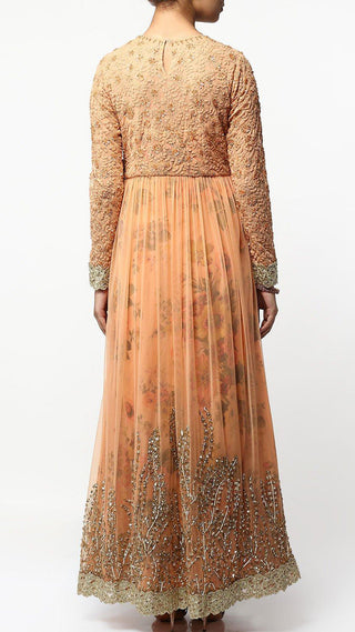 Light Coral Floral Print Layered Anarkali Set